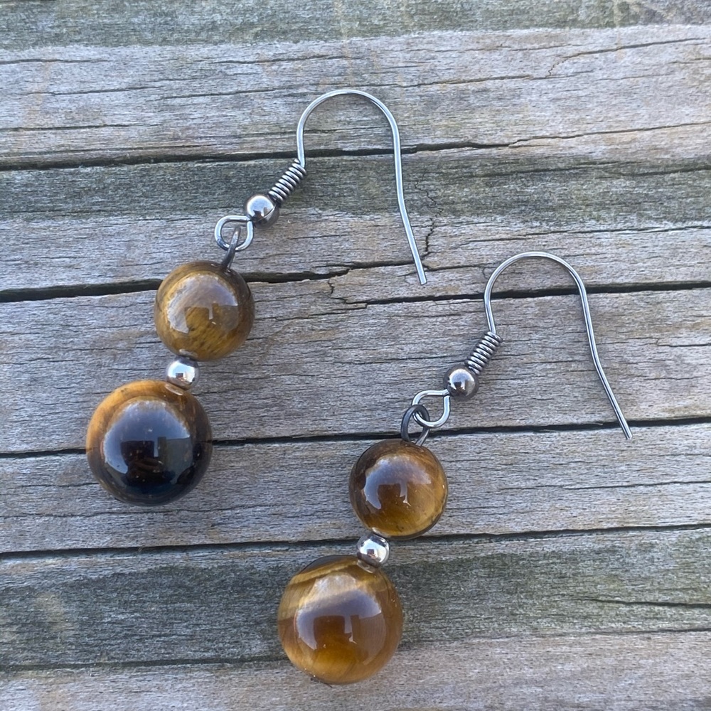 Genuine Tiger Eye bead drop earrings Canyon Sky